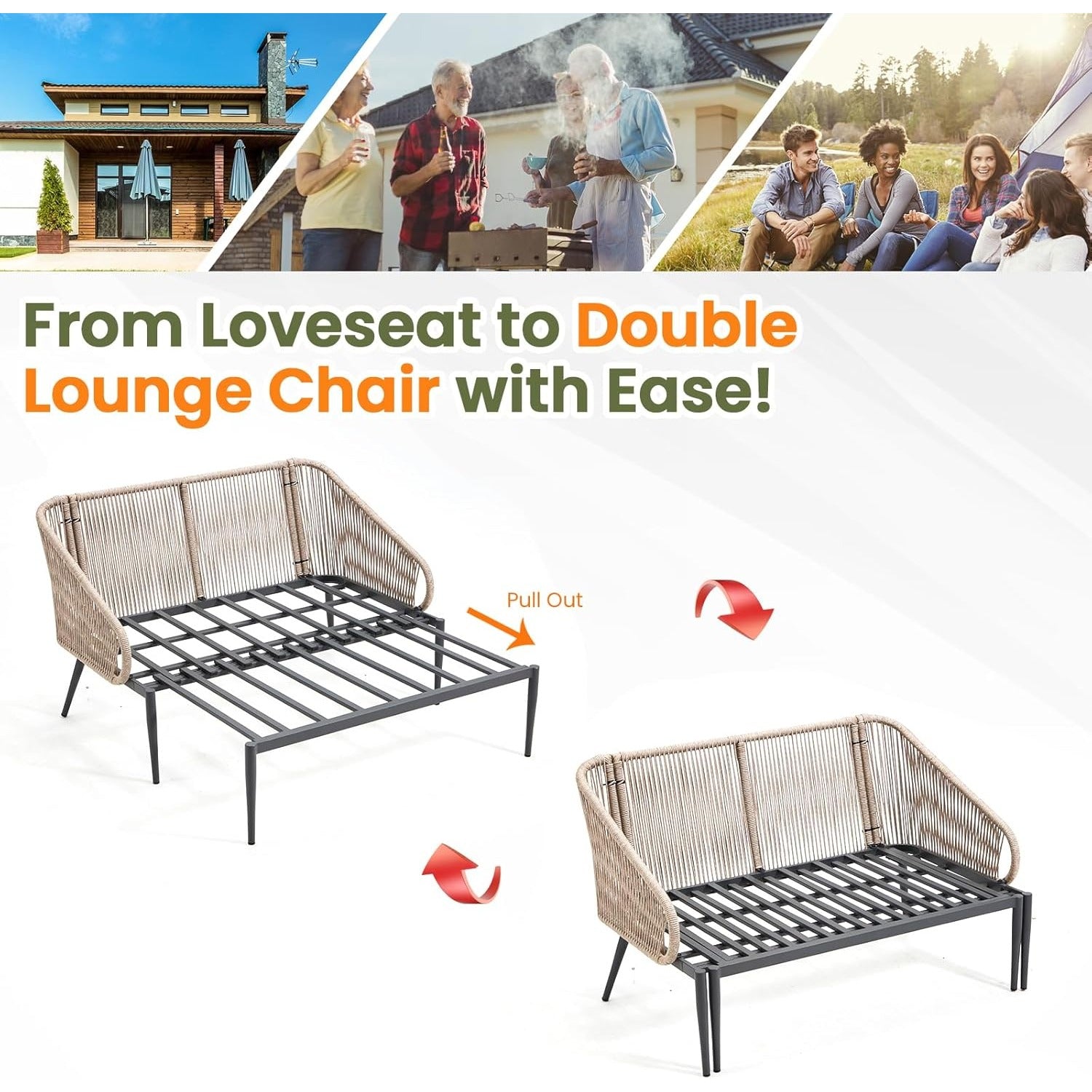 YODOLLA Outdoor Double Chaise Lounge Chair Convertible Patio Loveseat Sofa Couch