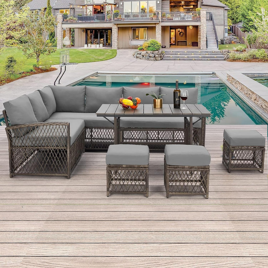 YODOLLA 7 Pieces Wicker Conversation Set with Ottoman Patio Furniture Set, Grey