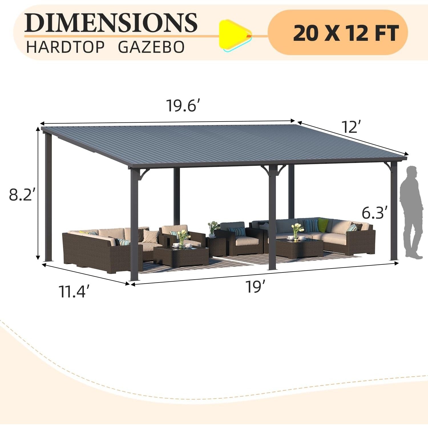YODOLLA 20' x 12' Outdoor Wall-Mounted Gazebo Hardtop Pergola for Patio