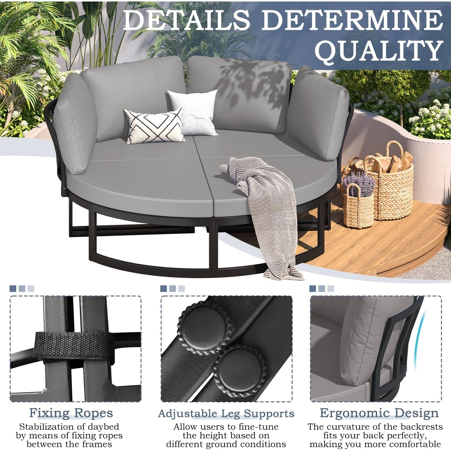 YODOLLA Patio Furniture Outdoor Daybed with Removable Cushions, Grey