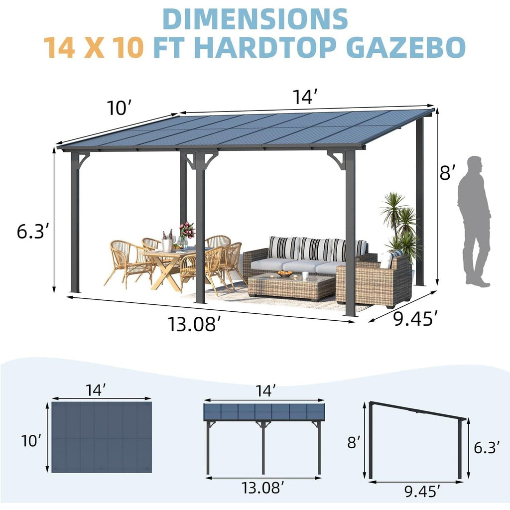 YODOLLA 14' x 10' Hard Top Lean to Gazebo for Patio, Dark Gray