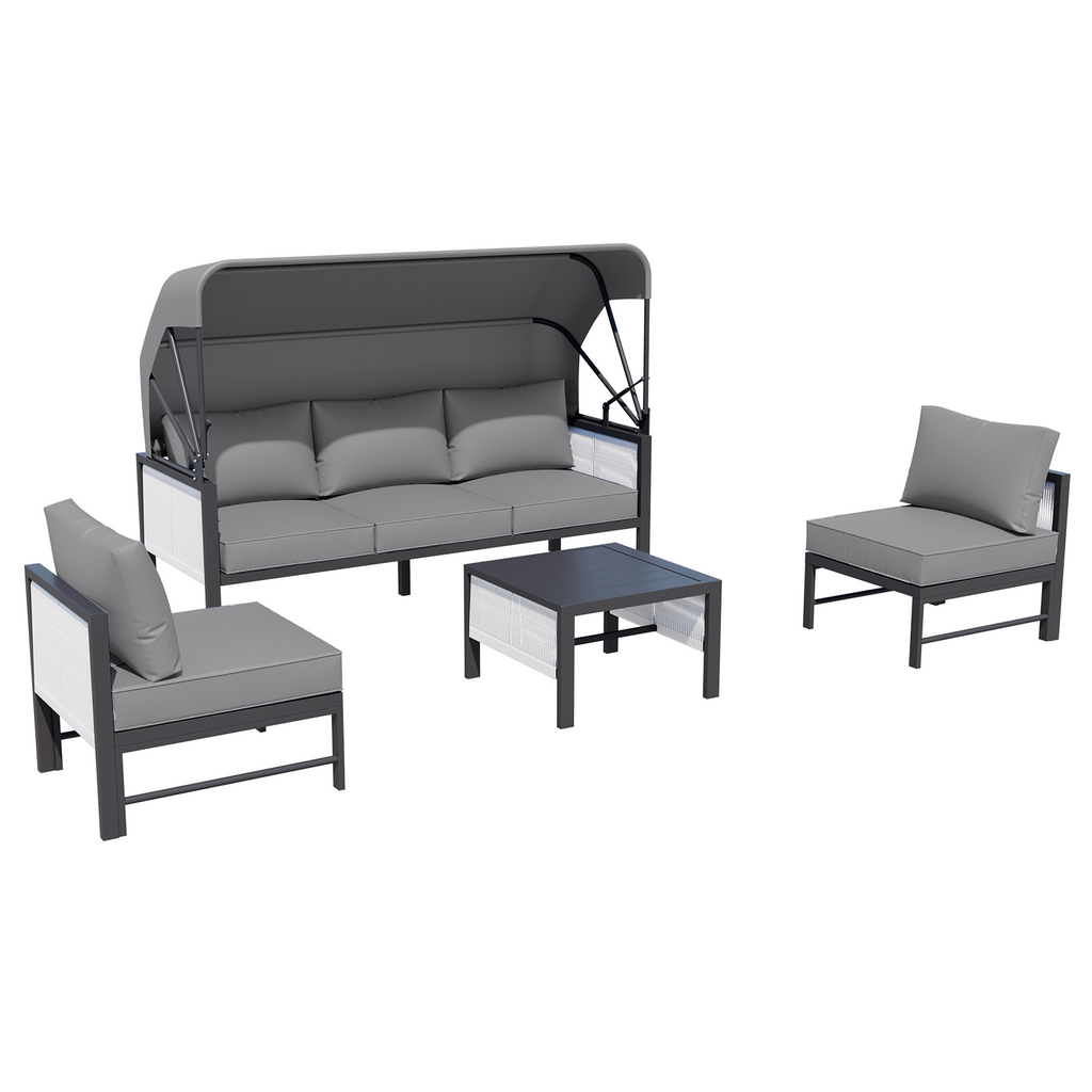YODOLLA 4 Pieces Aluminum Patio Furniture Set, Retractable Canopy, Light Grey