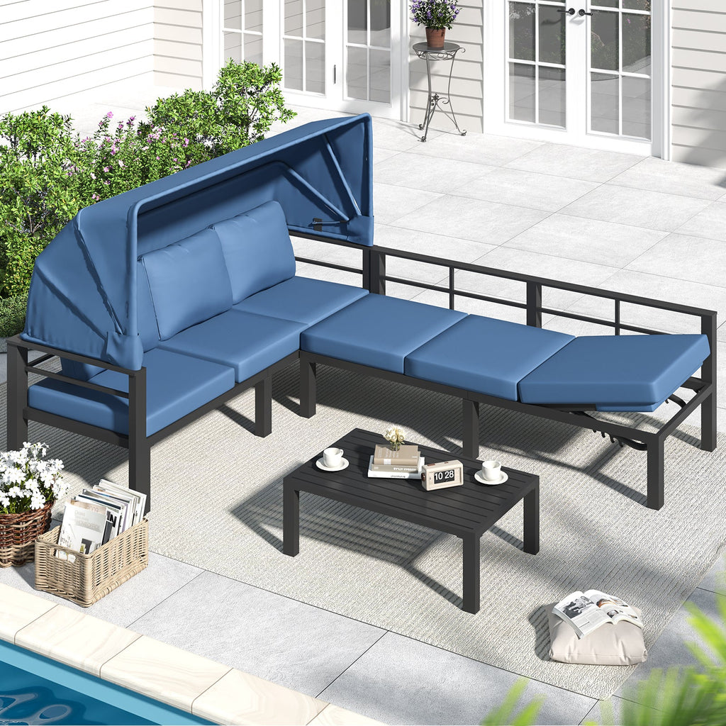 YODOLLA Patio Furniture Set with Retractable Canopy, Dark Bluebest