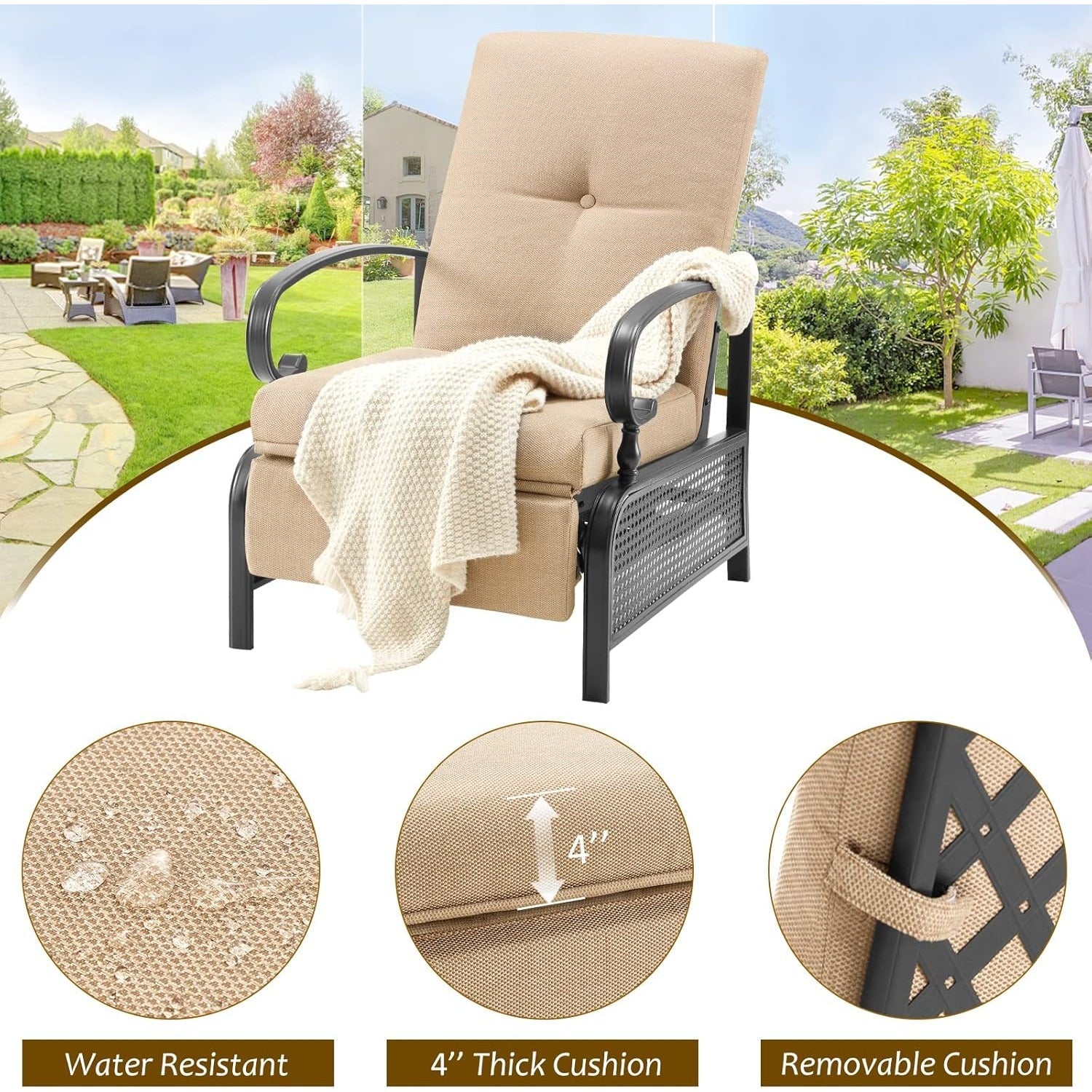 YODOLLA Outdoor Recliner Chair with Olefin Cushions