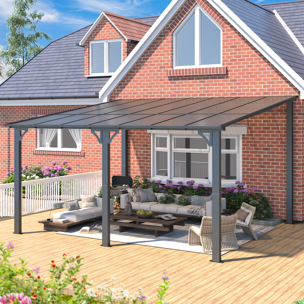 YODOLLA 14' x 12' Hard Top Lean to Gazebo Outdoor Pergola, Dark Gray