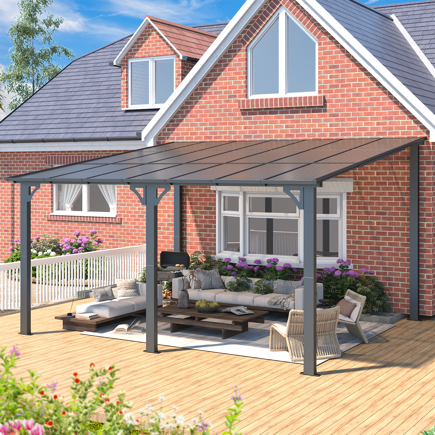 YODOLLA 14' x 12' Hard Top Lean to Gazebo Outdoor Pergola, Dark Gray