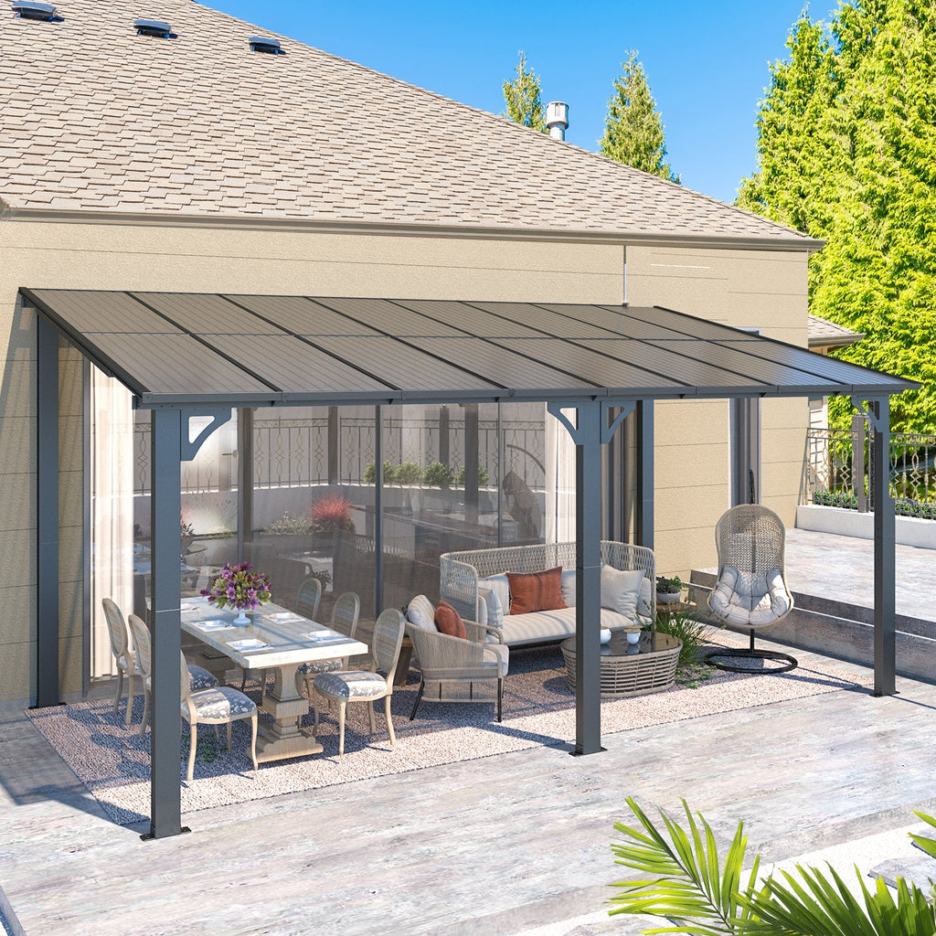 YODOLLA 16' x 8' Hard Top Lean to Gazebo Outdoor Pergola, Dark Gray