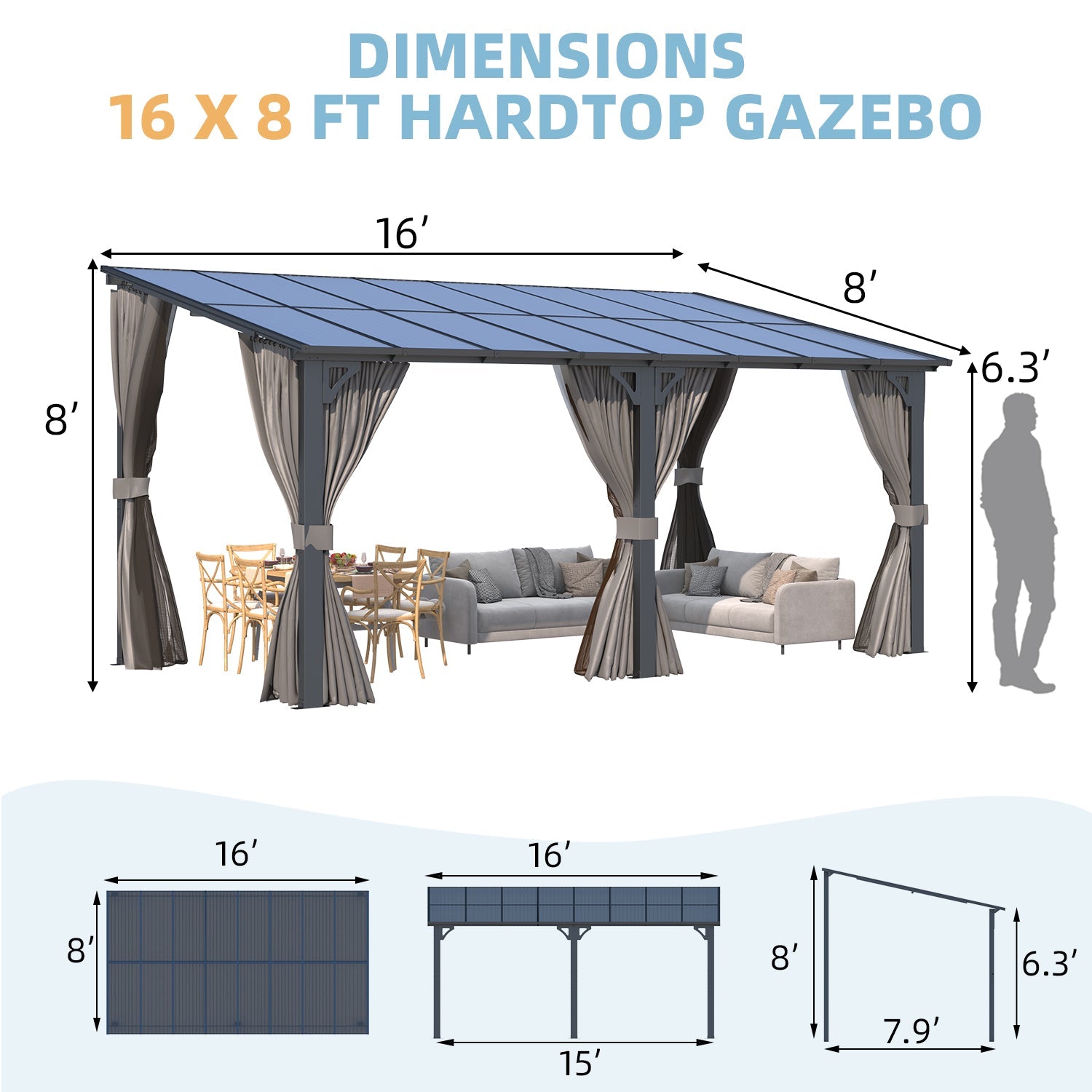 YODOLLA 16' x 8' Gazebo Outdoor Pergola with Curtains and Nettingbest