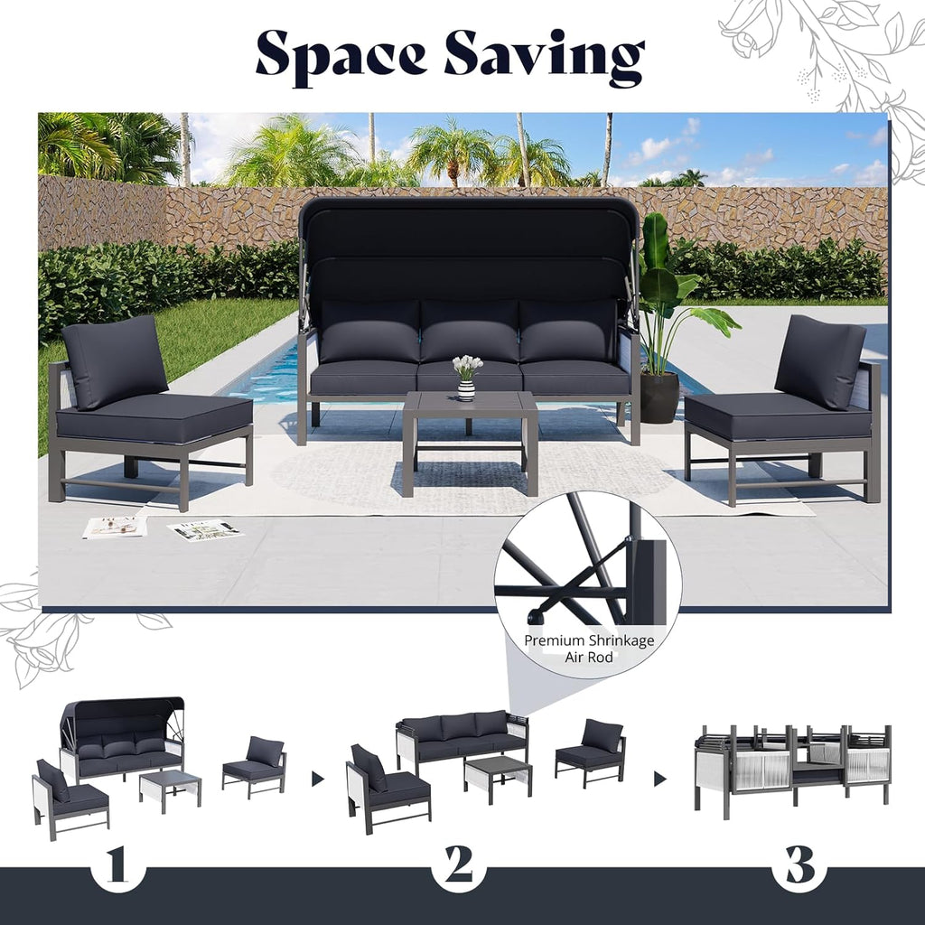 YODOLLA 4 Pieces Aluminum Patio Furniture Set, Retractable Canopy, Dark Grey