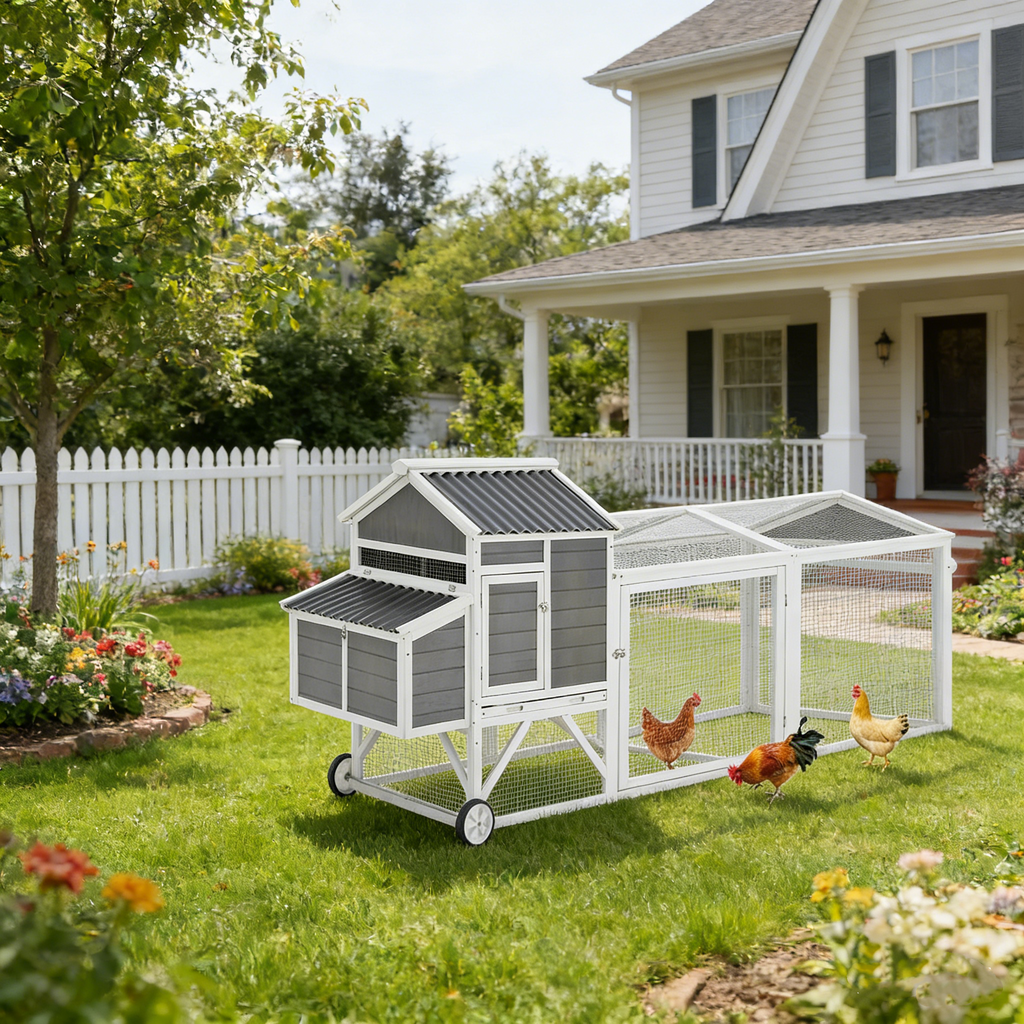 YODOLLA 95" Wooden Chicken Coop with Wheels Chicken Hutch Tractor, Graybest