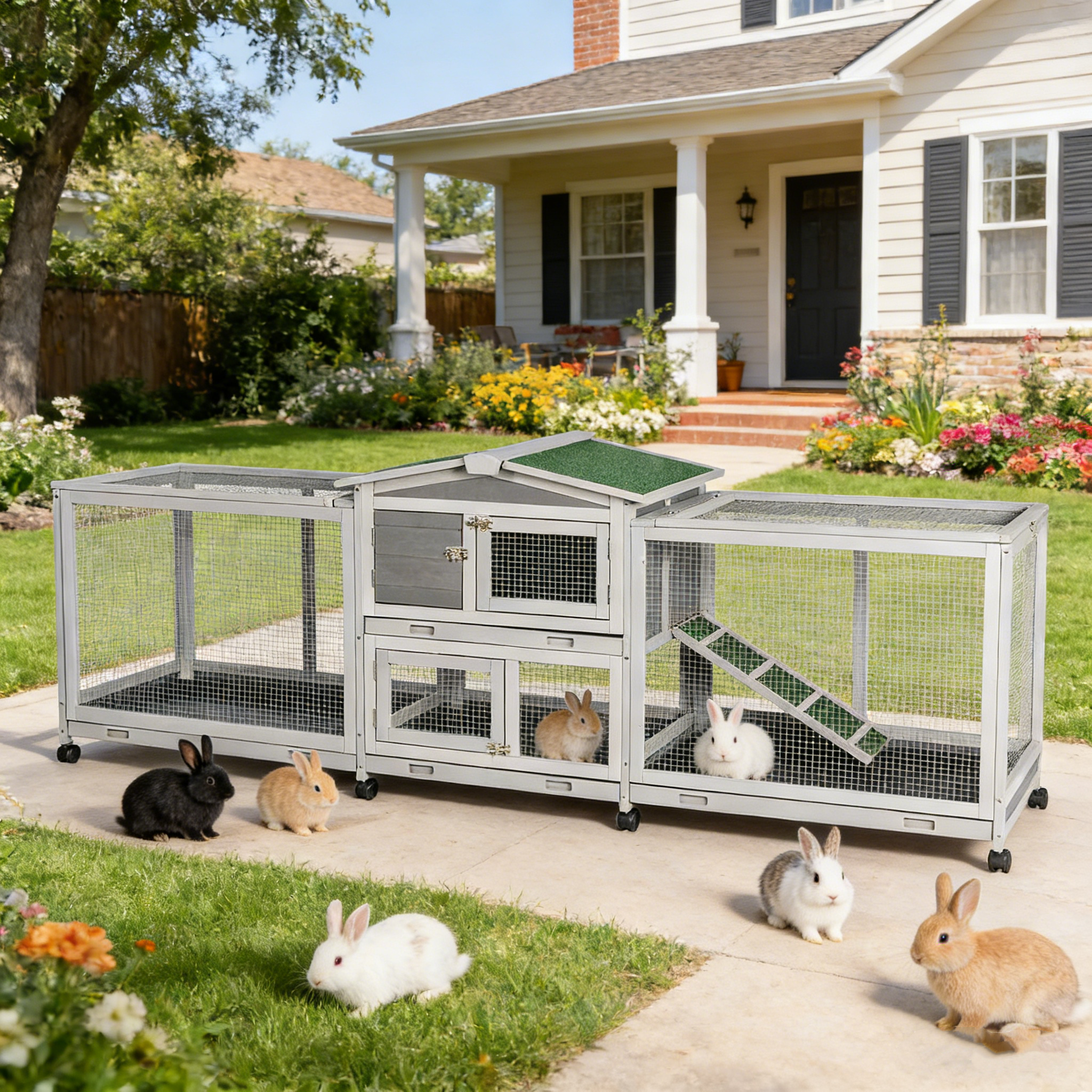 YODOLLA Rabbit Hutch 94.5'' Rabbit Hutch with 8 Wheels