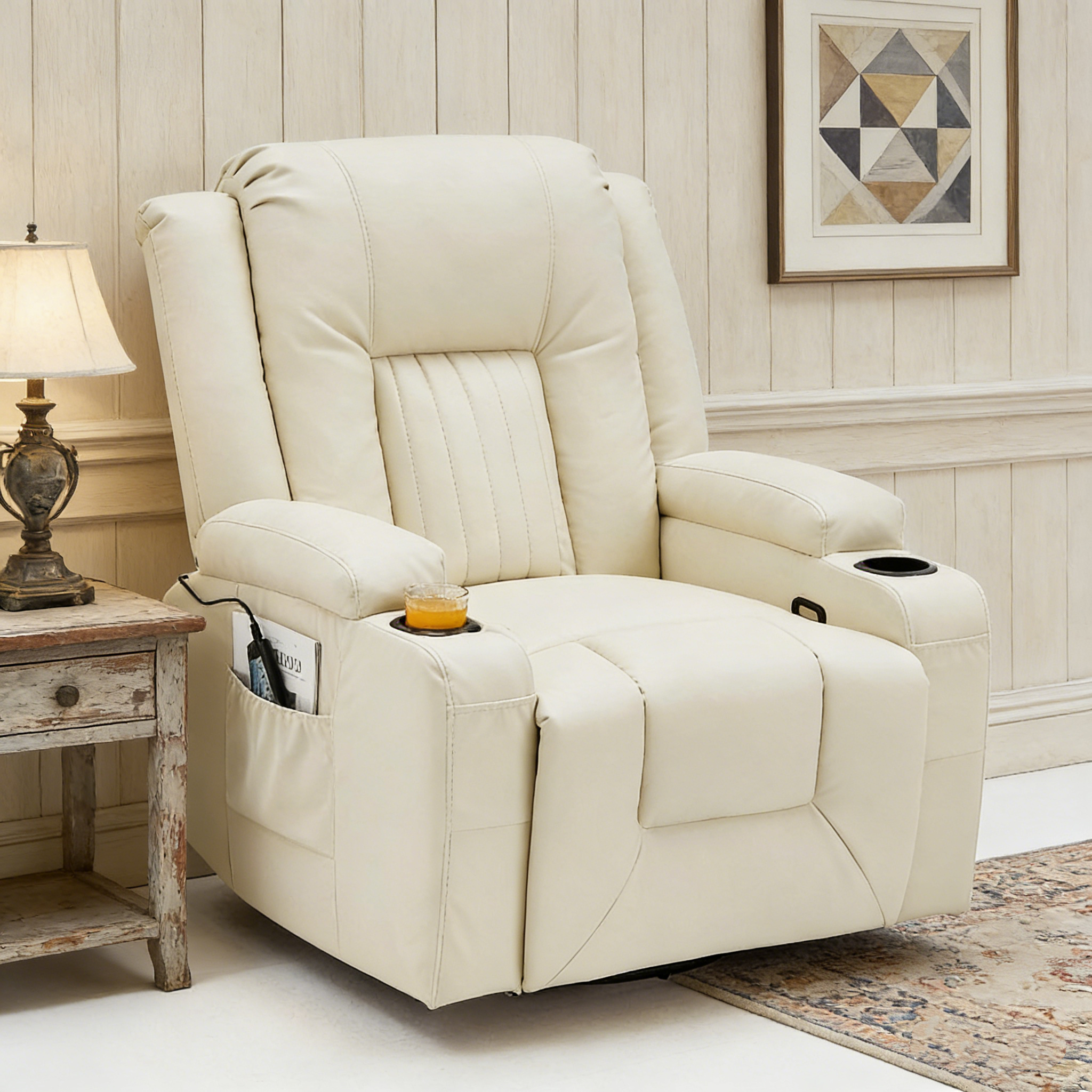 YODOLLA Recliner Chair with Heat&Massage, PU Leather Cream Whitebest