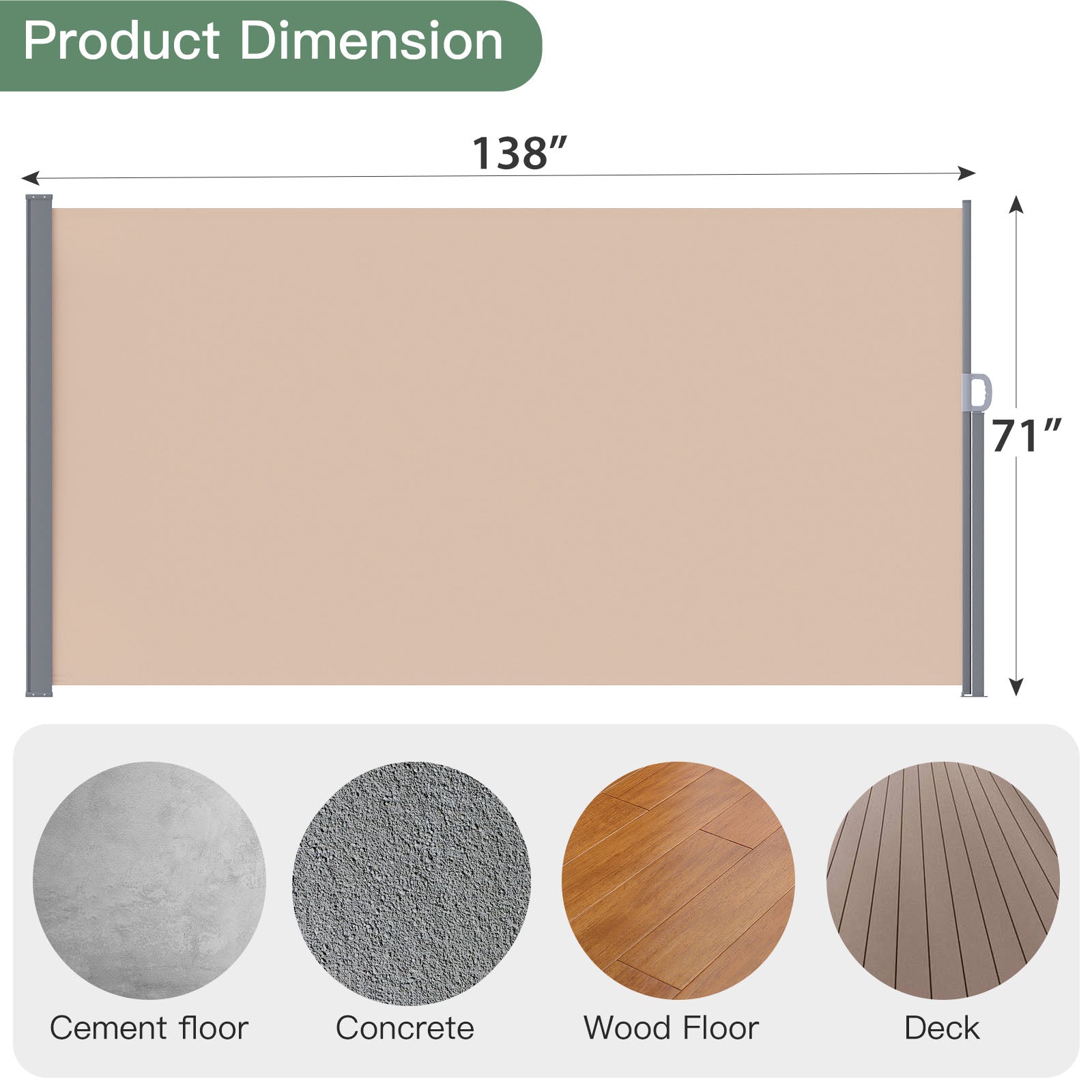 YODOLLA 138"x 71" Splashproof Retractable Side Awning, Beige