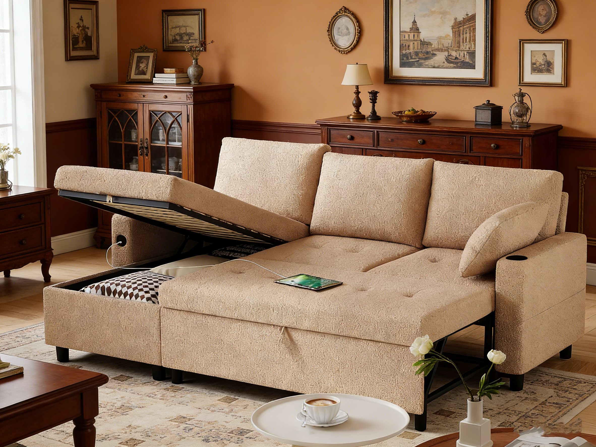 YODOLLA Teddy Velvet L-Shaped Sleeper Sofa, Pullout Bed, USB & Storage, Brownbest