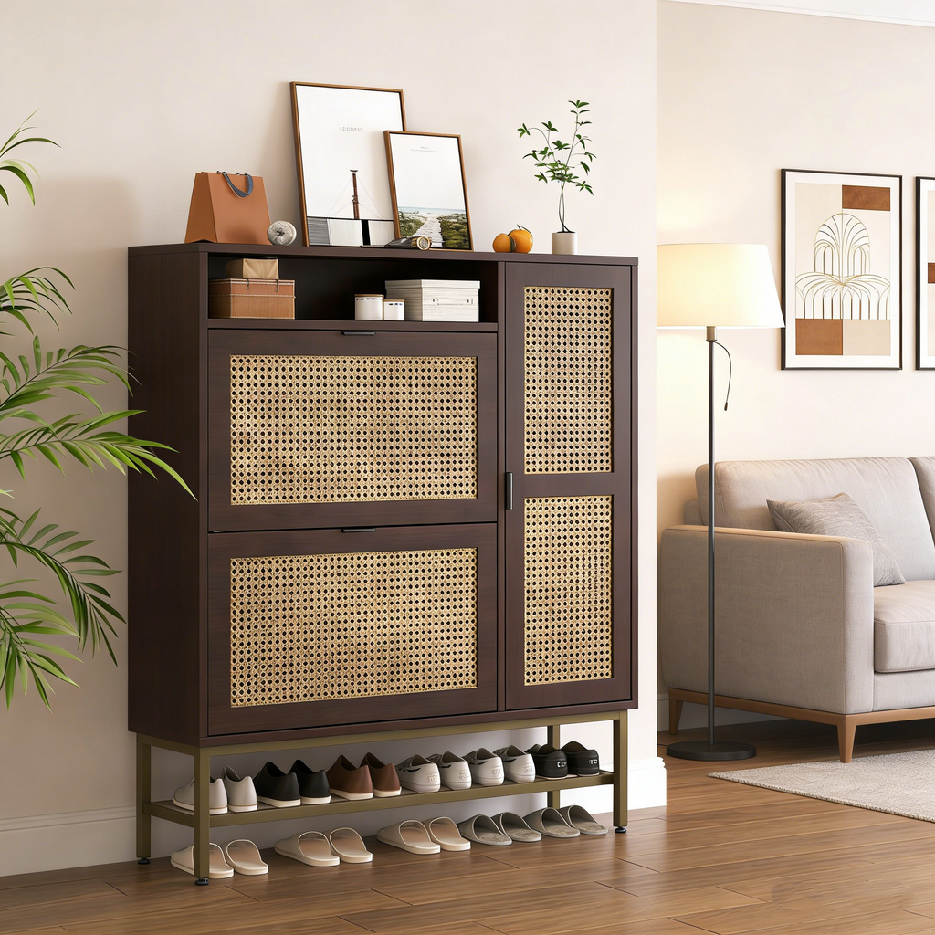 YODOLLA Rattan Shoe Cabinet with 3 Flip Drawers, Brownbest