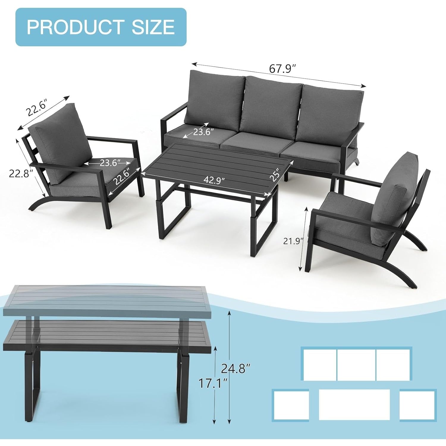 YODOLLA Aluminum Patio Furniture Set Metal Outdoor Furniture, Dark Grey