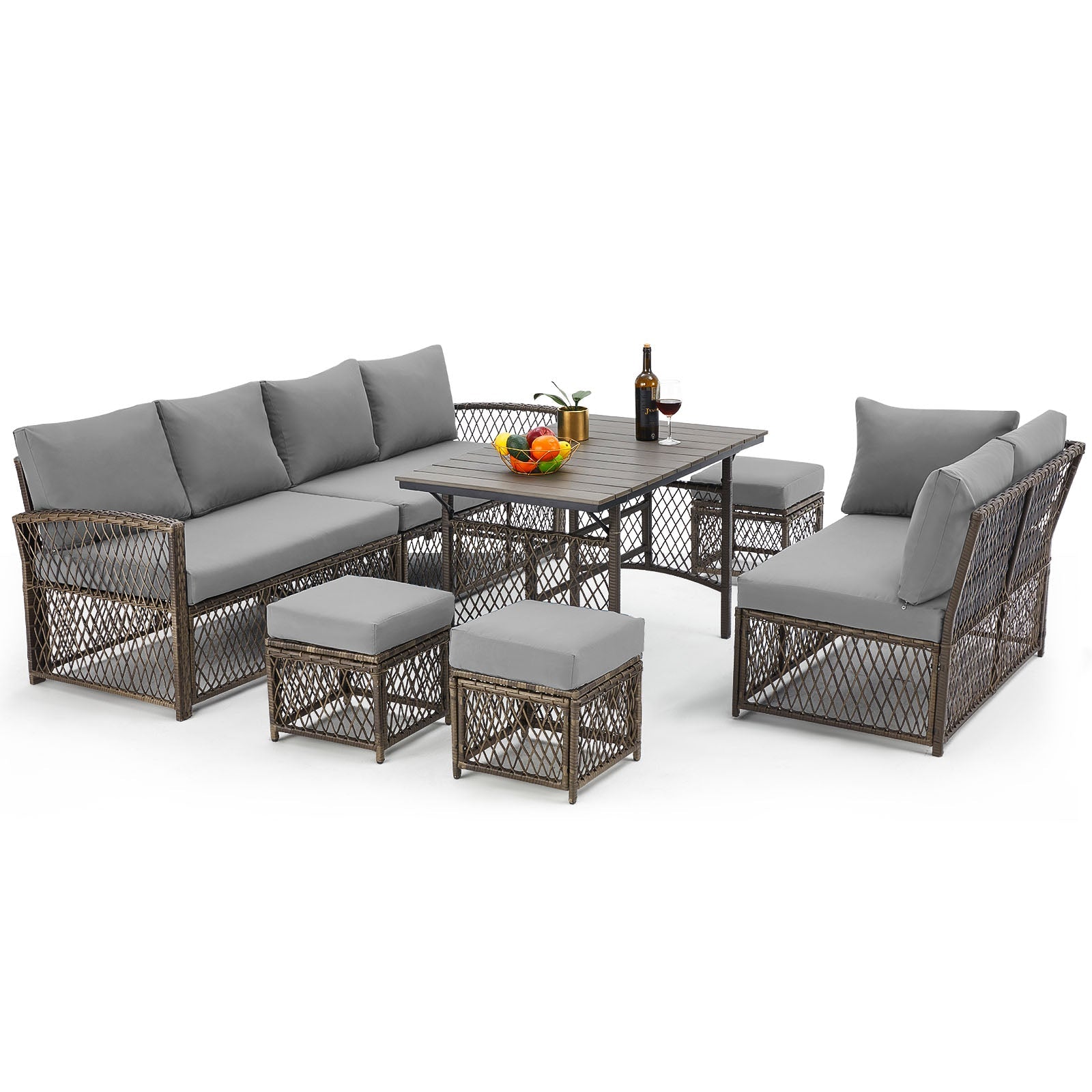 YODOLLA 7 Pieces Wicker Conversation Set with Ottoman Patio Furniture Set, Grey