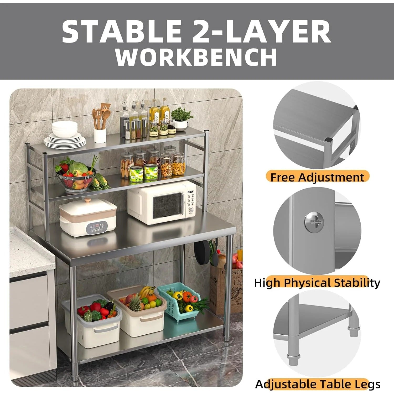 YODOLLA 48"x24" Stainless Steel Table with Overshelves