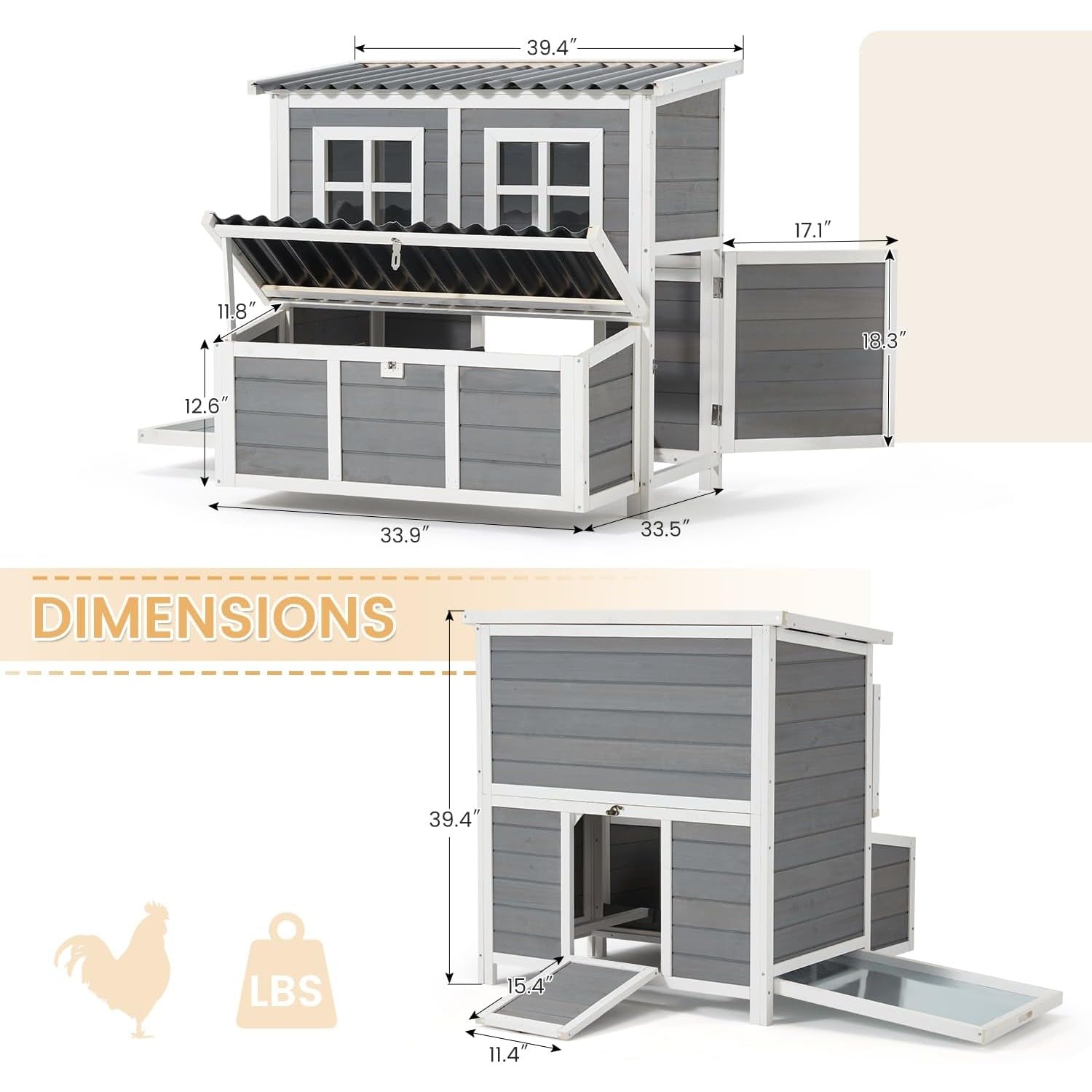 YODOLLA Chicken Coop, 40" Large Wooden Chicken Hutch with 3 Lockable Nesting Boxes