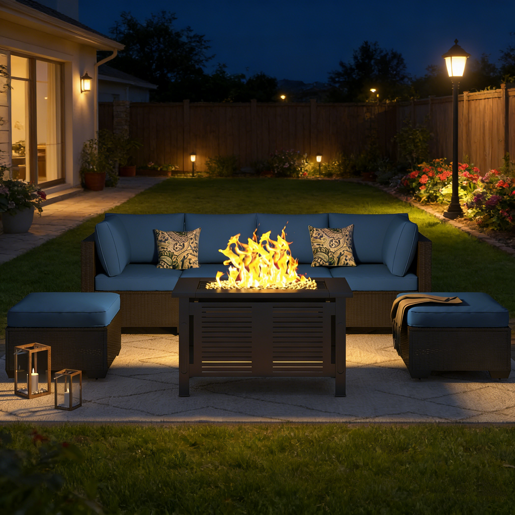 YODOLLA 7 Piece Outdoor Patio Furniture Set with Extra 43 Inch Fire Pit Table, Black Rattan & Navy Cushion