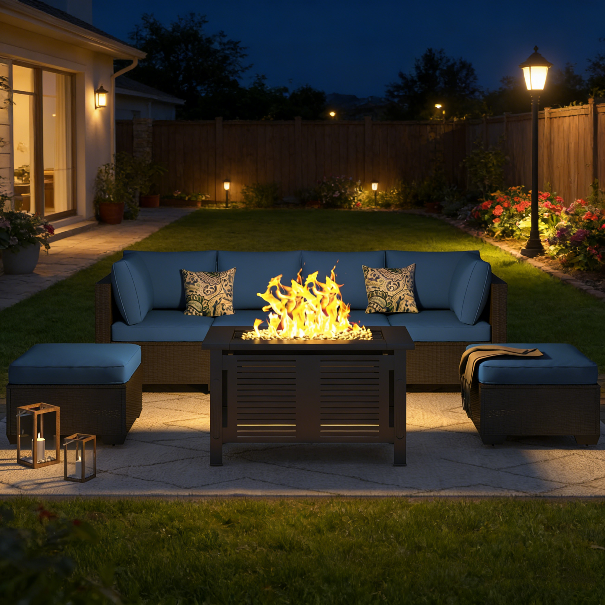 YODOLLA 7 Piece Outdoor Patio Furniture Set with Extra 43 Inch Fire Pit Table, Black Rattan & Navy Cushion