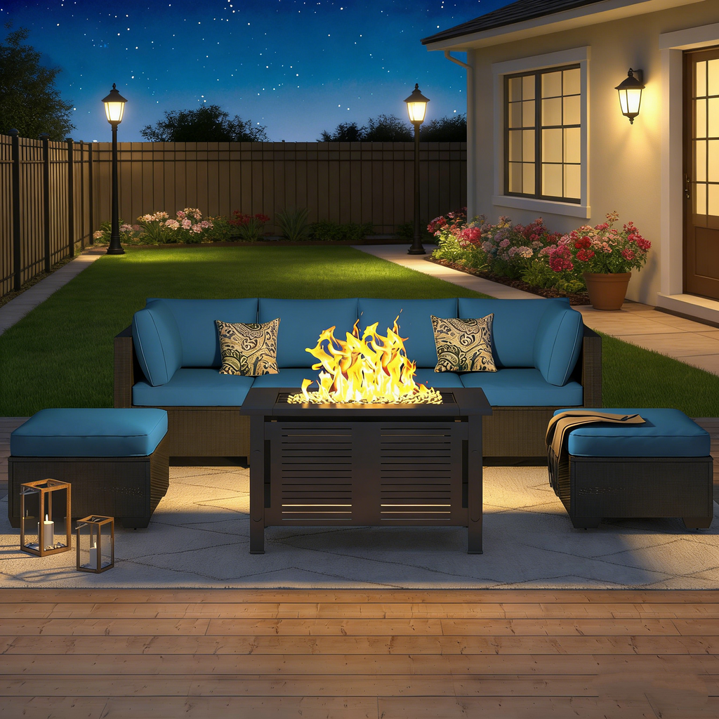 YODOLLA 7 Piece Outdoor Patio Furniture Set with Extra 43'' Fire Pit Table, Black Rattan & Peacock Cushion