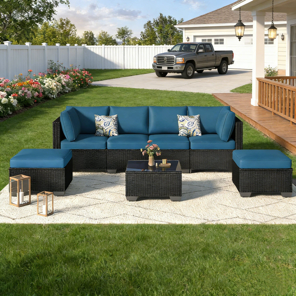 YODOLLA 7 Piece Outdoor Patio Furniture Set with Extra 43'' Fire Pit Table, Black Rattan & Peacock Cushion