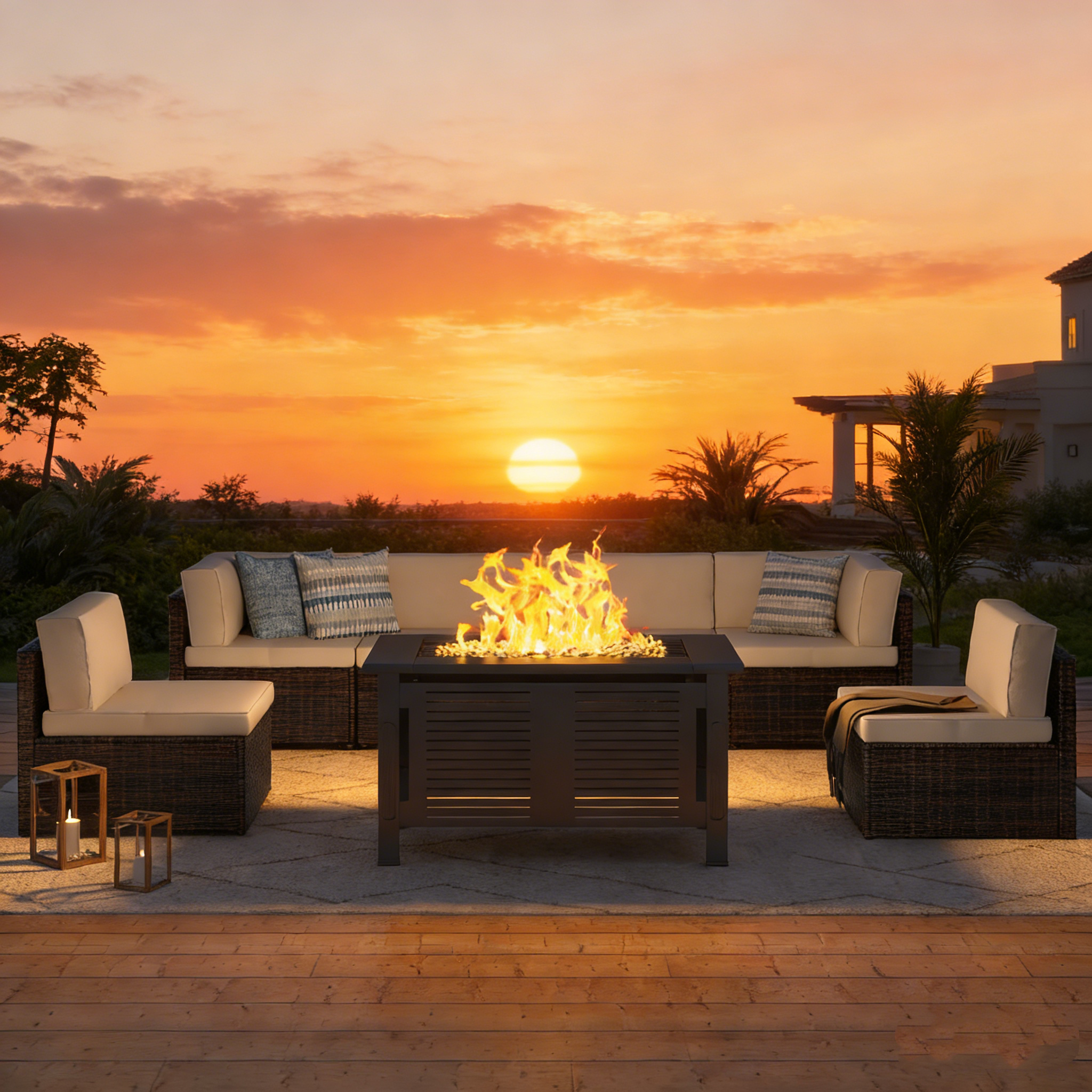 YODOLLA 7 Piece Outdoor Patio Furniture Set with Extra 43 Inch Fire Pit Table, Brown Rattan & Beige Cushion