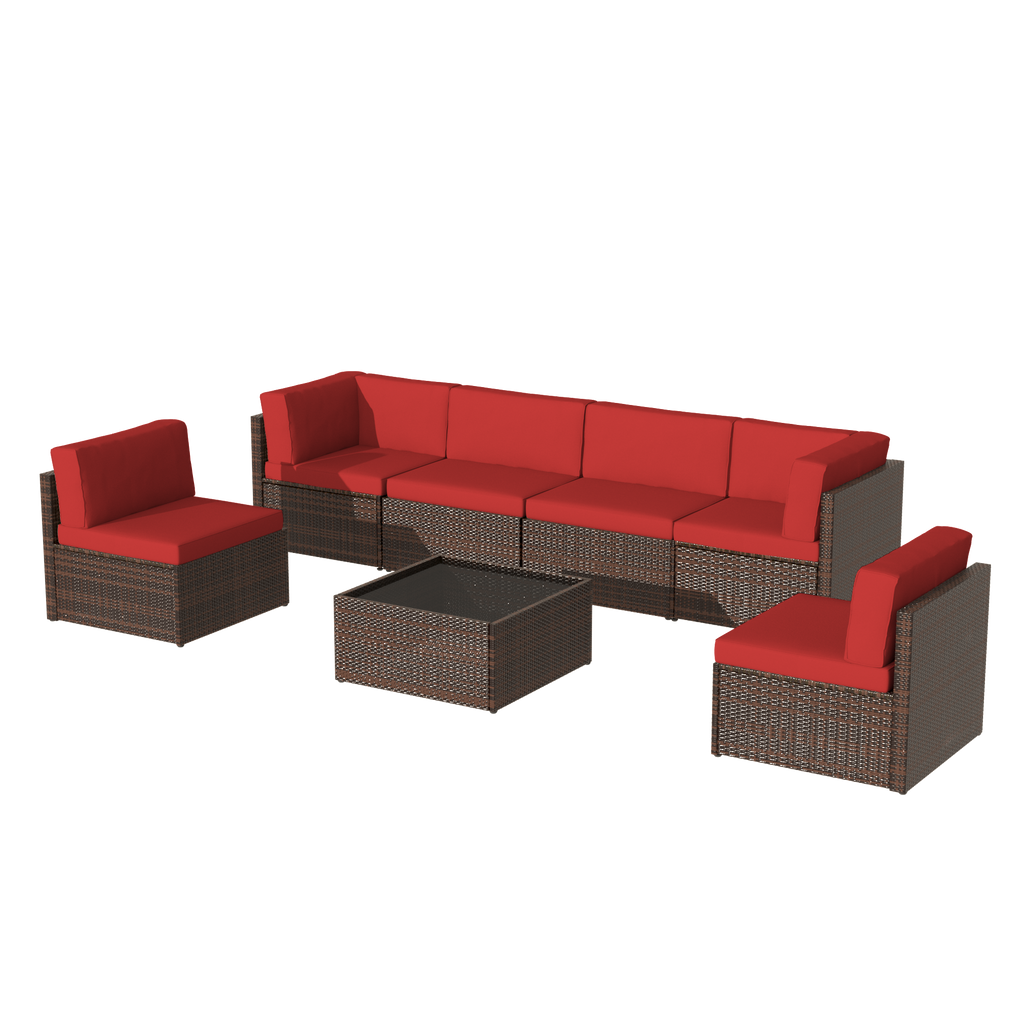 YODOLLA 7 Piece Outdoor Patio Furniture Set, Brown & Red