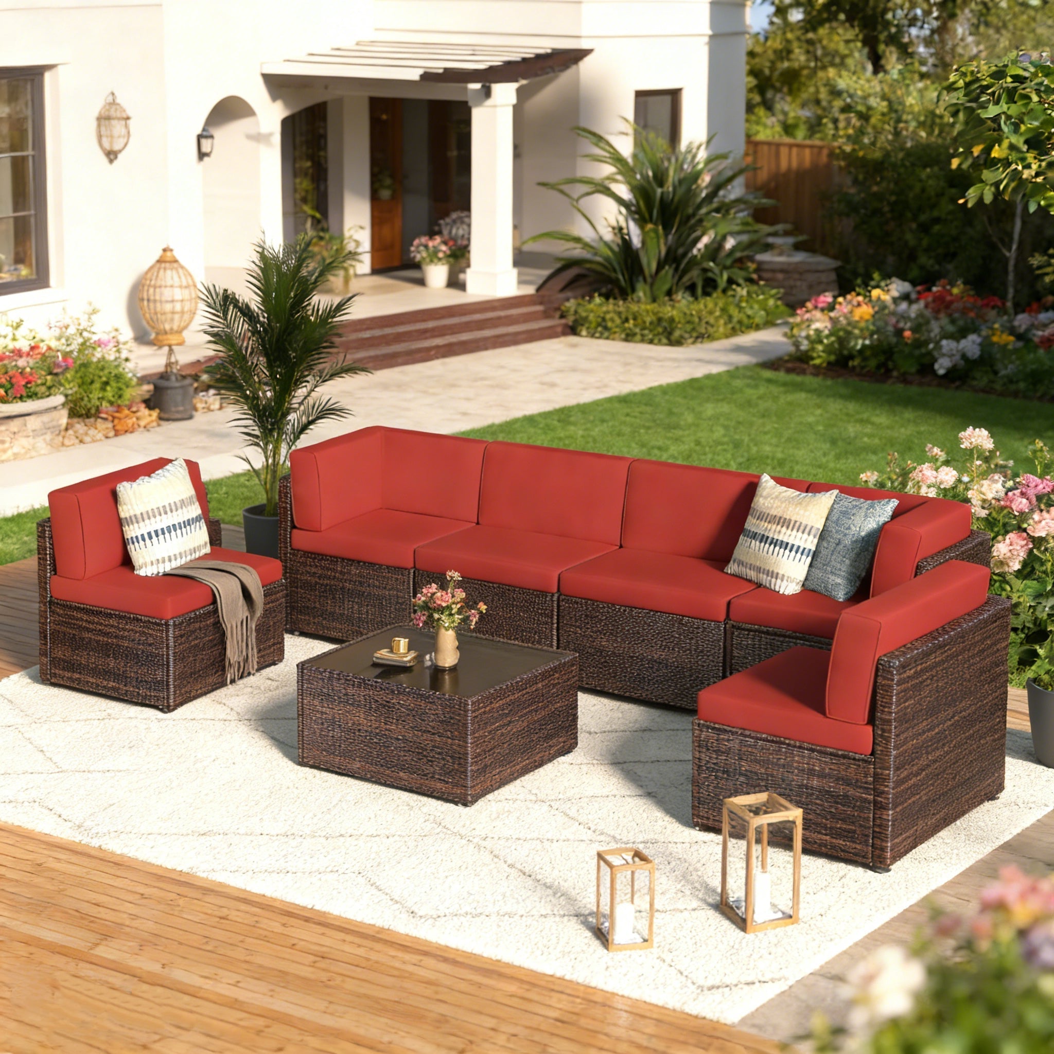 YODOLLA 7 Piece Outdoor Patio Furniture Set, Brown & Red