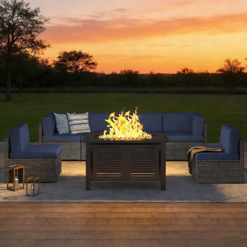 YODOLLA 7 Piece Outdoor Patio Furniture Set with Extra 43'' Fire Pit Table, Grey Rattan & Navy Cushion