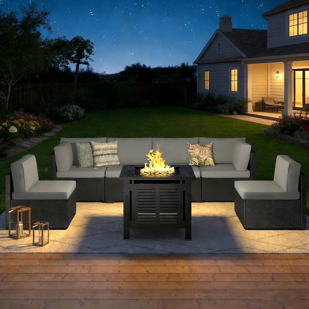 YODOLLA 7 Piece Outdoor Patio Furniture Set with 30 Inch Fire Pit Table, Black Rattan Dark Grey Cushion