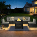 YODOLLA 7 Piece Outdoor Patio Furniture Set with 30 Inch Fire Pit Table, Black Rattan Dark Grey Cushion