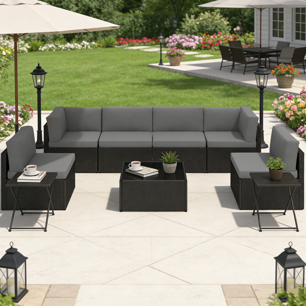 YODOLLA 7 Piece Outdoor Patio Furniture Set, Black & Gray