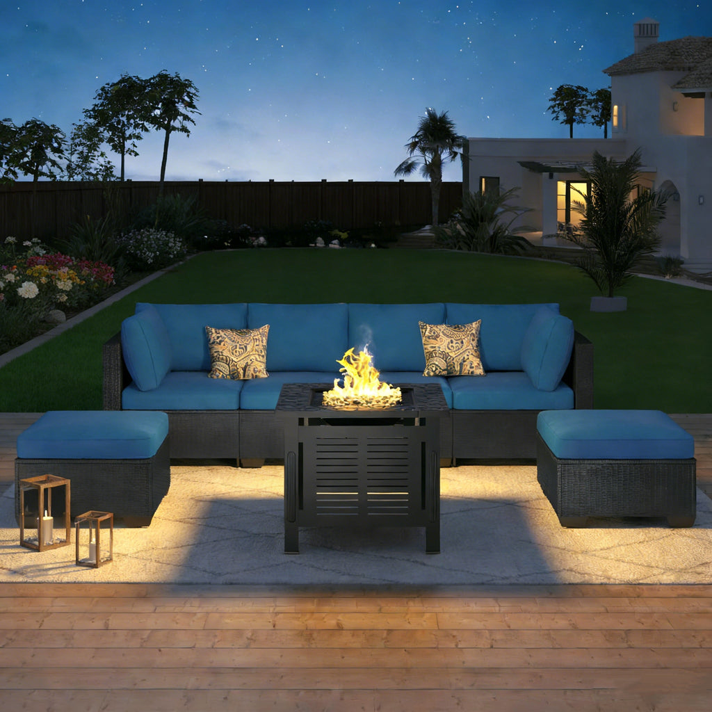YODOLLA 7 Piece Outdoor Patio Furniture Set with 30 Inch Fire Pit Table, Black Rattan Peacock Blue Cushion