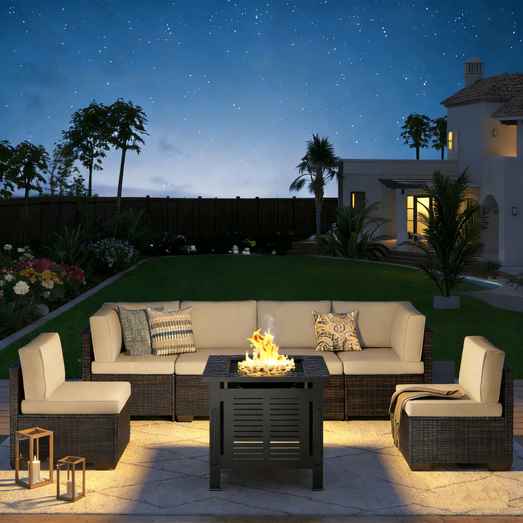 YODOLLA 7 Piece Outdoor Patio Furniture Set with 30 Inch Fire Pit Table, Brown Rattan Beige Cushion