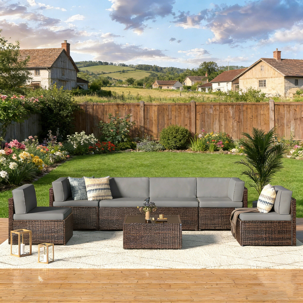 YODOLLA 7 Piece Outdoor Patio Furniture Set, Gray & Brown