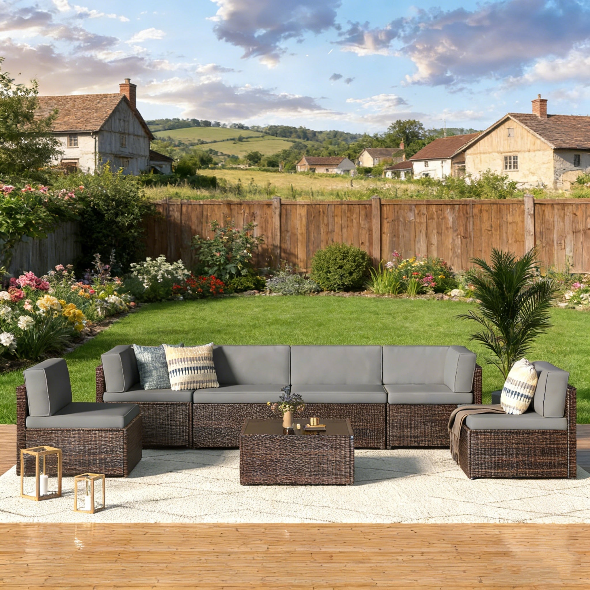 YODOLLA 7 Piece Outdoor Patio Furniture Set, Gray & Brown