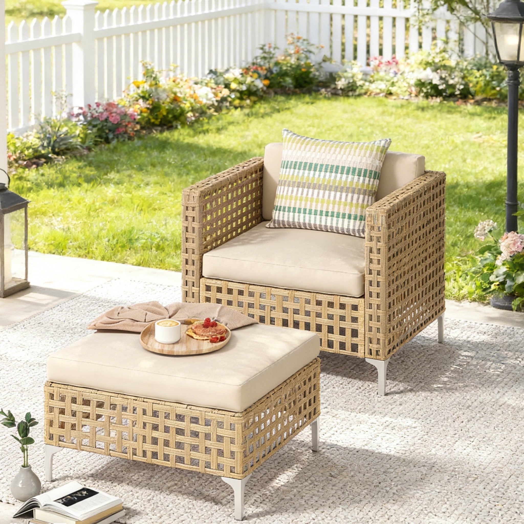 YODOLLA Outdoor Wicker Patio Furniture Sofa, Single Chair+Ottoman