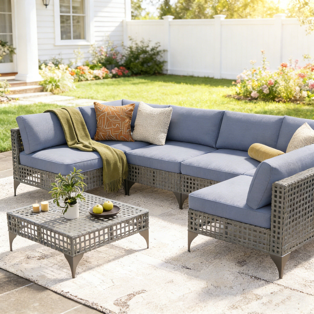 YODOLLA 7-Piece Outdoor Sofa Set, Grey Rattan & Blue Cushionsbest