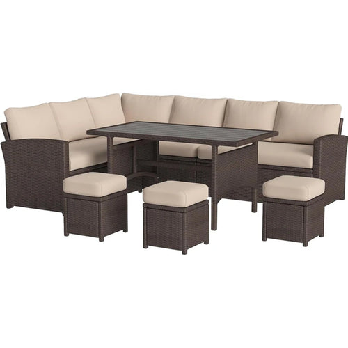 YODOLLA  7-Pc Patio Set, Brown Rattan & Khaki Cushions