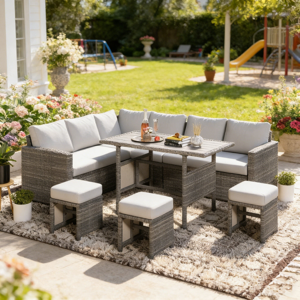 YODOLLA 7-Pc Patio Set, Grey Rattan & Grey Cushion