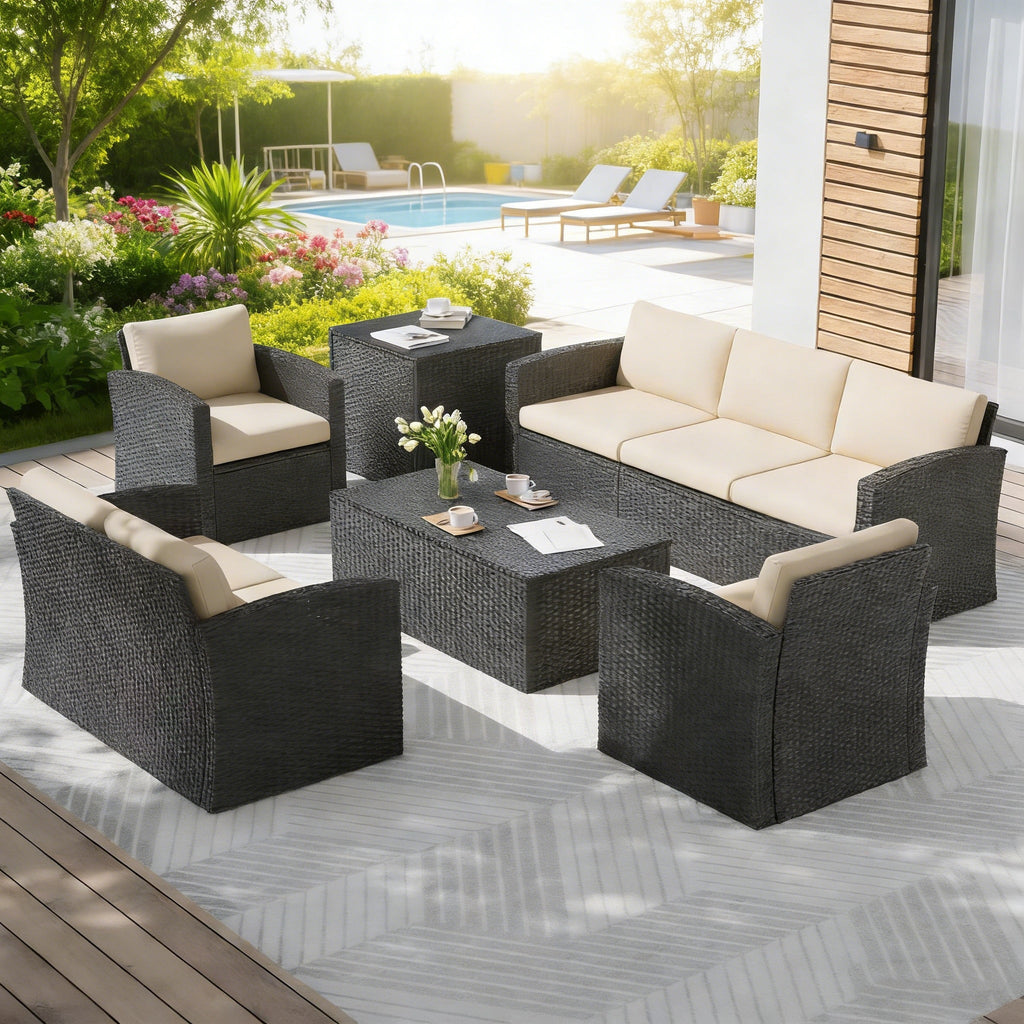 YODOLLA 7 PCS Outdoor Patio Furniture Sets with 2 Storage Boxes, Black & Beigebest