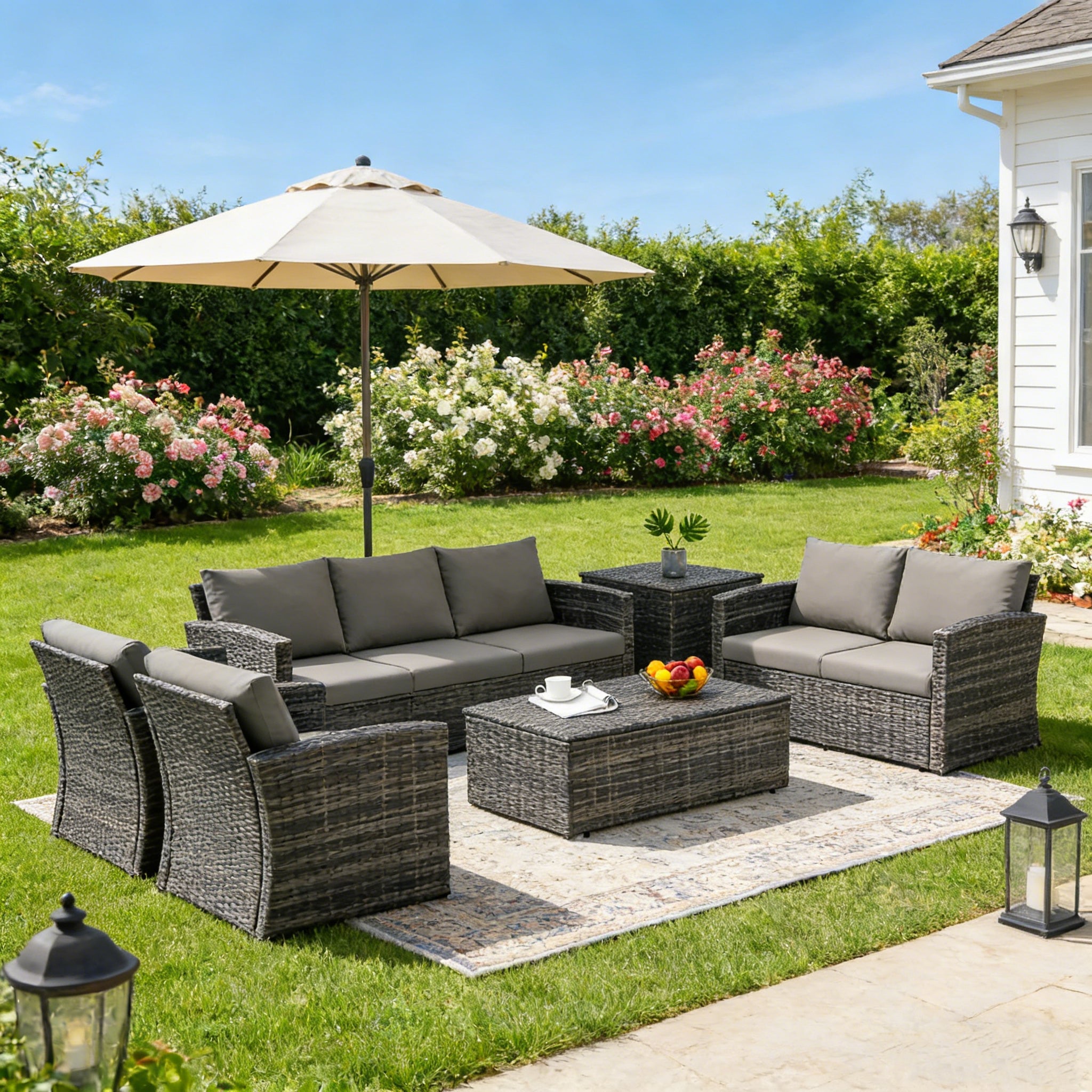 YODOLLA 7 Pieces Patio Furniture with Two Storage Boxes, Grey & Light Grey