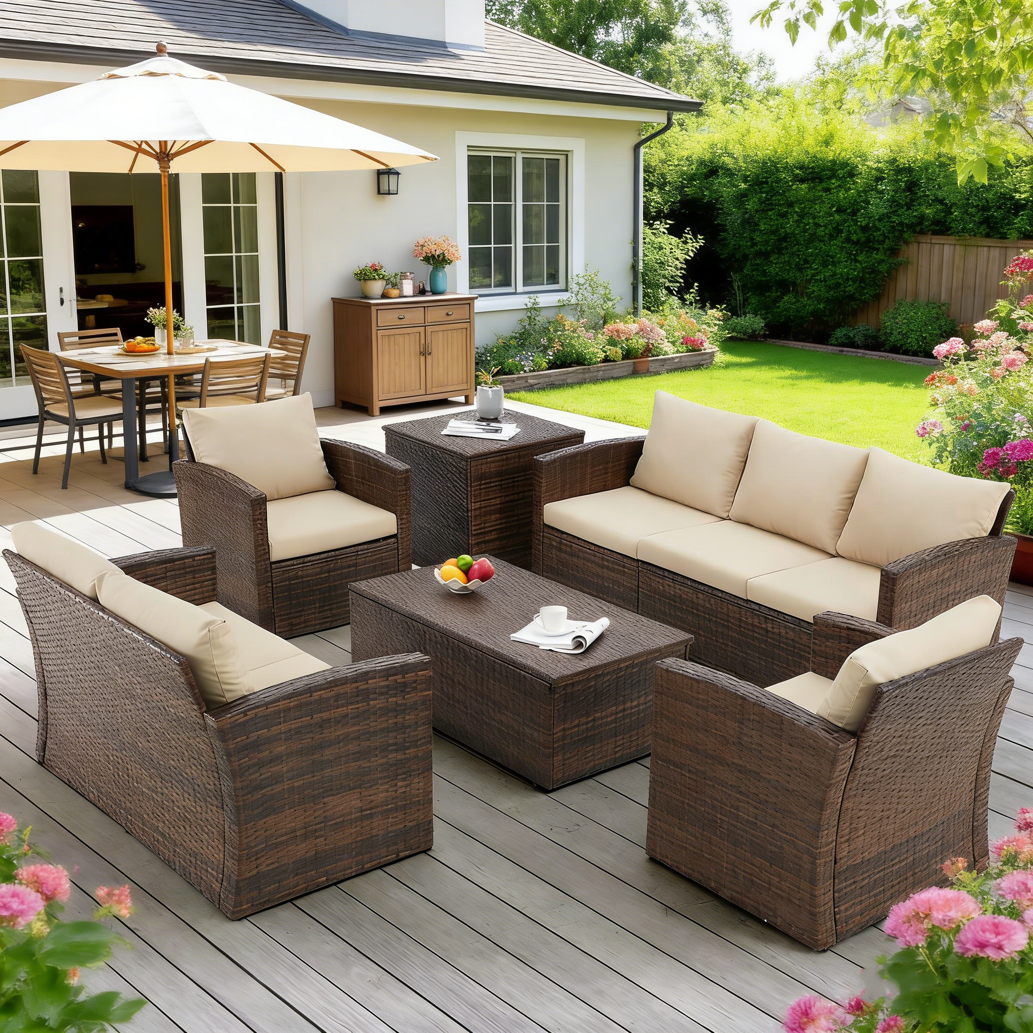 YODOLLA 7 Pieces Patio Furniture with Two Storage Boxes, Brown & Beige