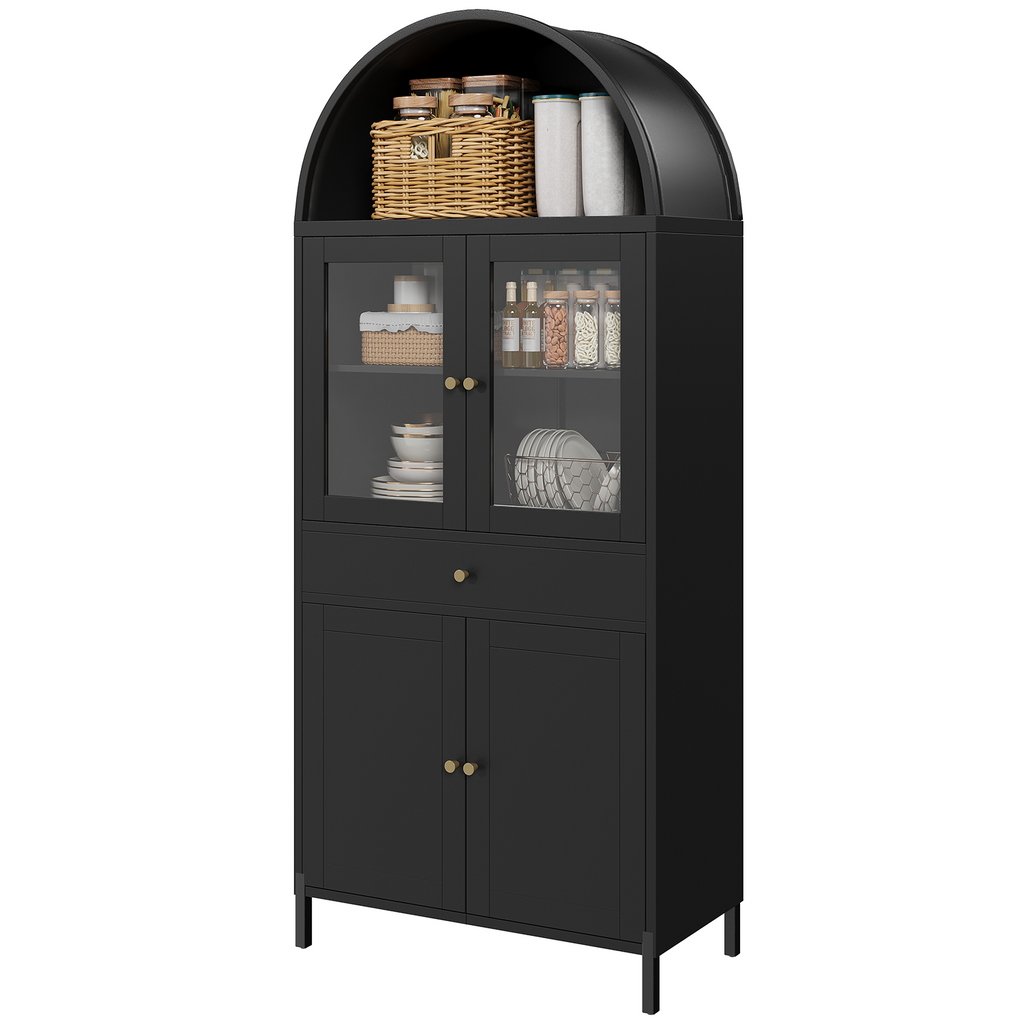 YODOLLA 73'' Kitchen Pantry, Metal Arched Storage Cabinet with Glass Doors/Adjustable Shelfs/Drawerbest