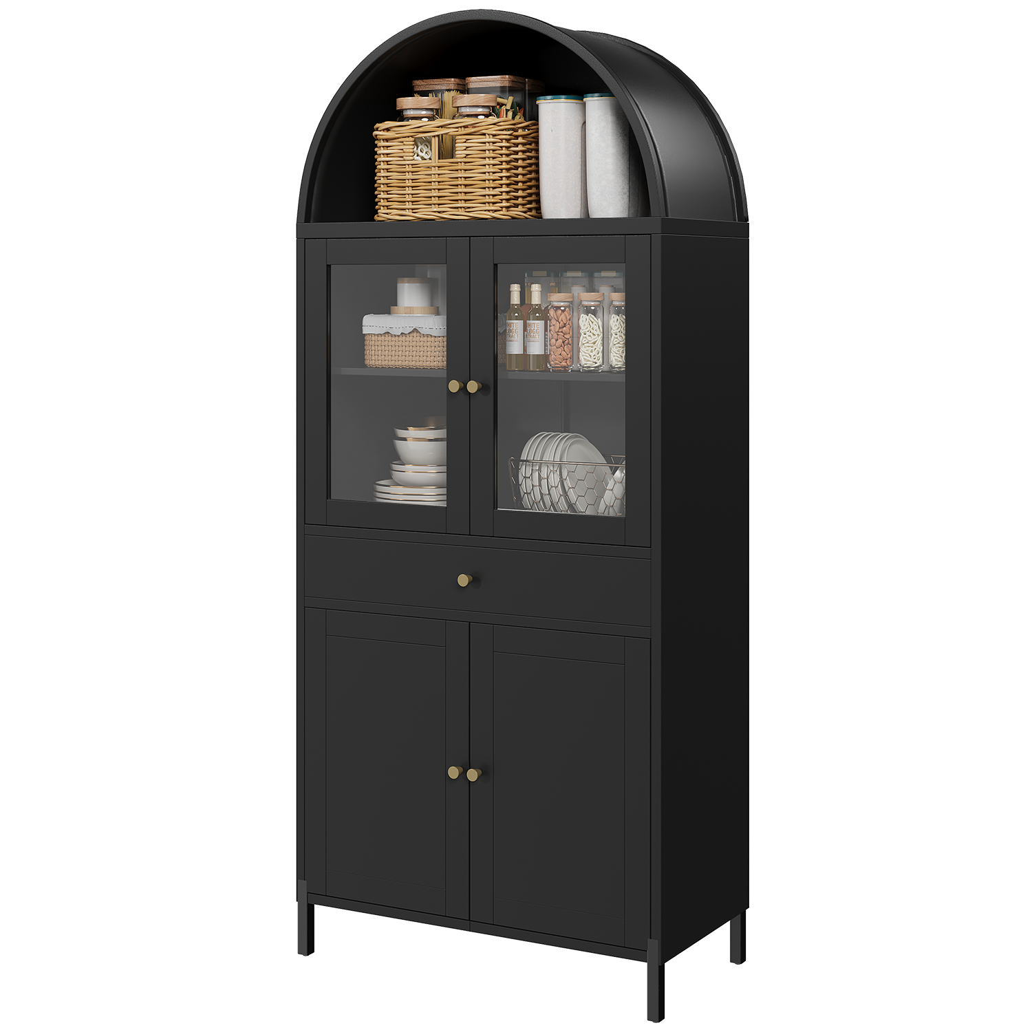 YODOLLA 73'' Kitchen Pantry, Metal Arched Storage Cabinet with Glass Doors/Adjustable Shelfs/Drawerbest