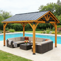 YODOLLA 14'x12' Wooden Gazebo on Clearance, Pergolas with  Arlington Polycarbonate Pyramid Hip Roof, Brown Roof