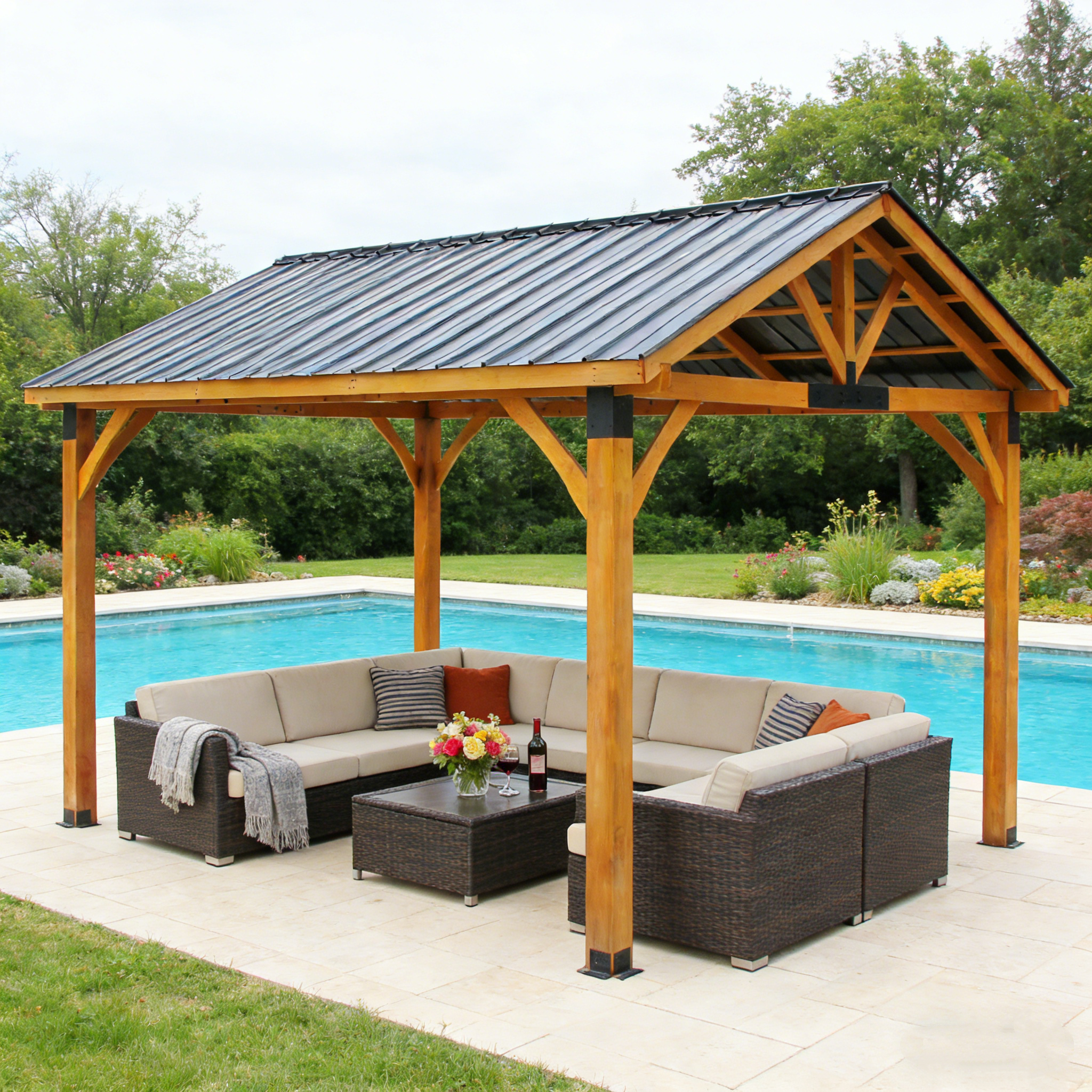 YODOLLA 14'x12' Wooden Gazebo on Clearance, Pergolas with  Arlington Polycarbonate Pyramid Hip Roof, Brown Roof