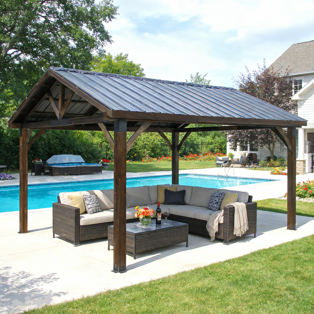 YODOLLA 14'x12' Wooden Gazebo on Clearance, Pergolas with  Arlington Polycarbonate Pyramid Hip Roof, Dark Brown Roof